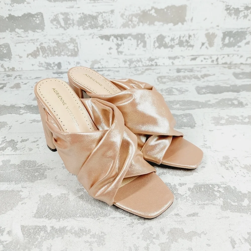 Adrienne Vittadini Genie Satin Cream Cross Band Heeled Slide Dress Sandals W1101